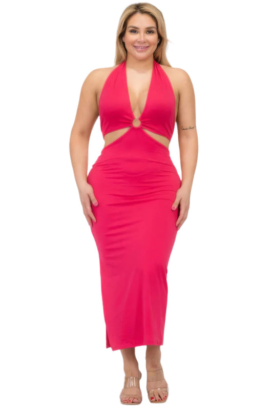 Plus Size Cut-out Halter Neck Double Back Tie Split Thigh Midi Dress