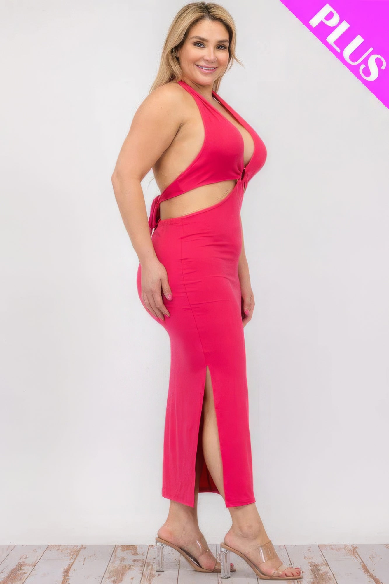 Plus Size Cut-out Halter Neck Double Back Tie Split Thigh Midi Dress - Nova Store