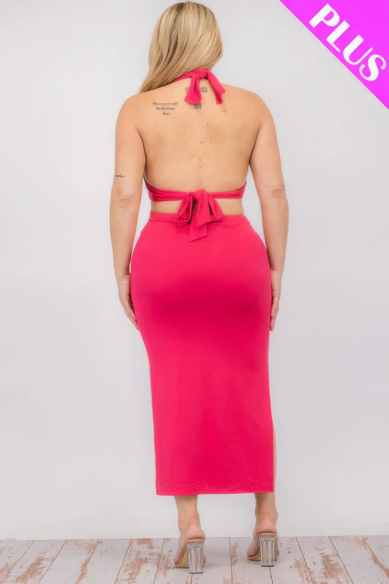 Plus Size Cut-out Halter Neck Double Back Tie Split Thigh Midi Dress - Nova Store