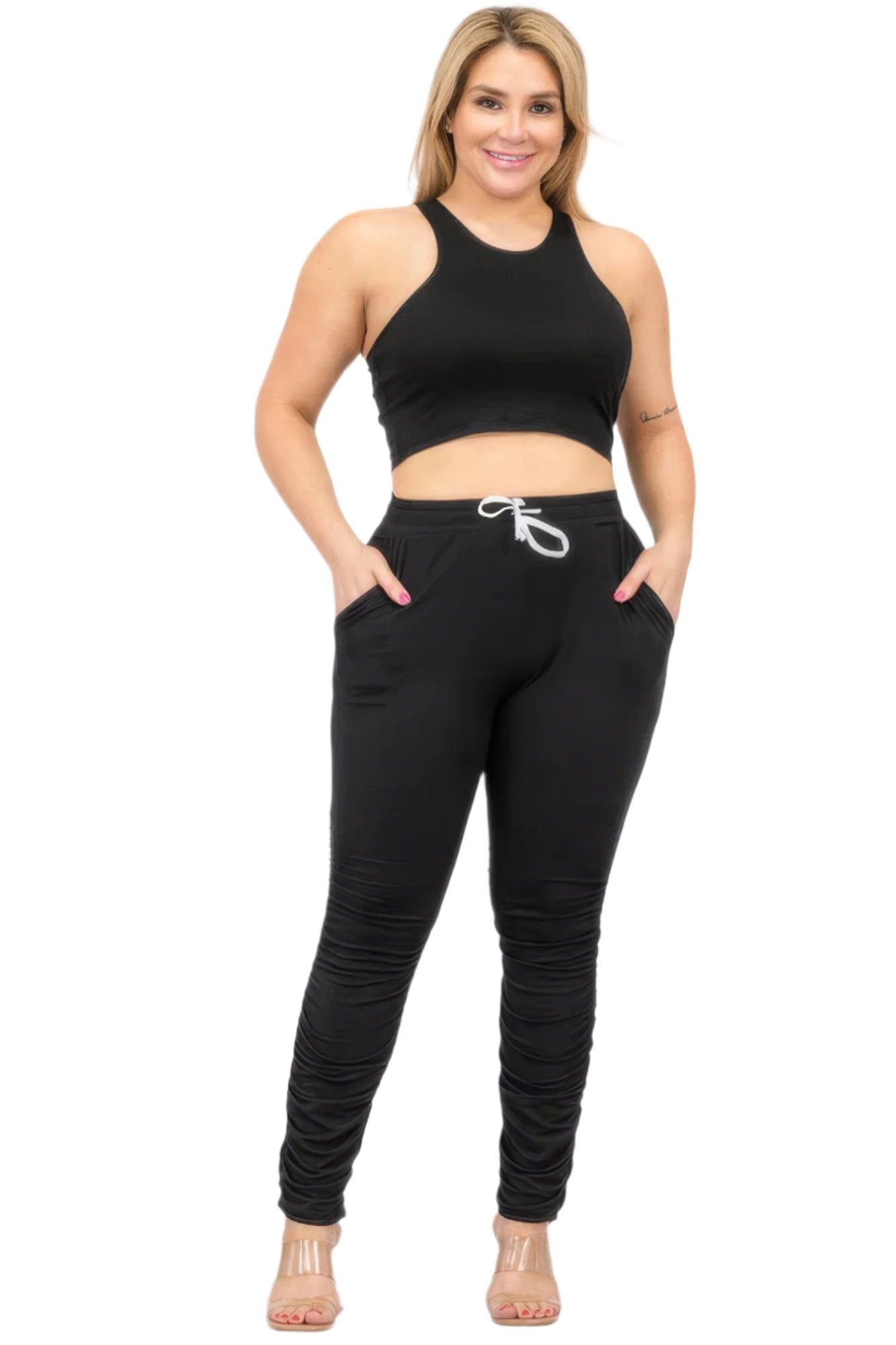 Plus Size Crop Tank Top & Ruched Pants Set - Nova Store