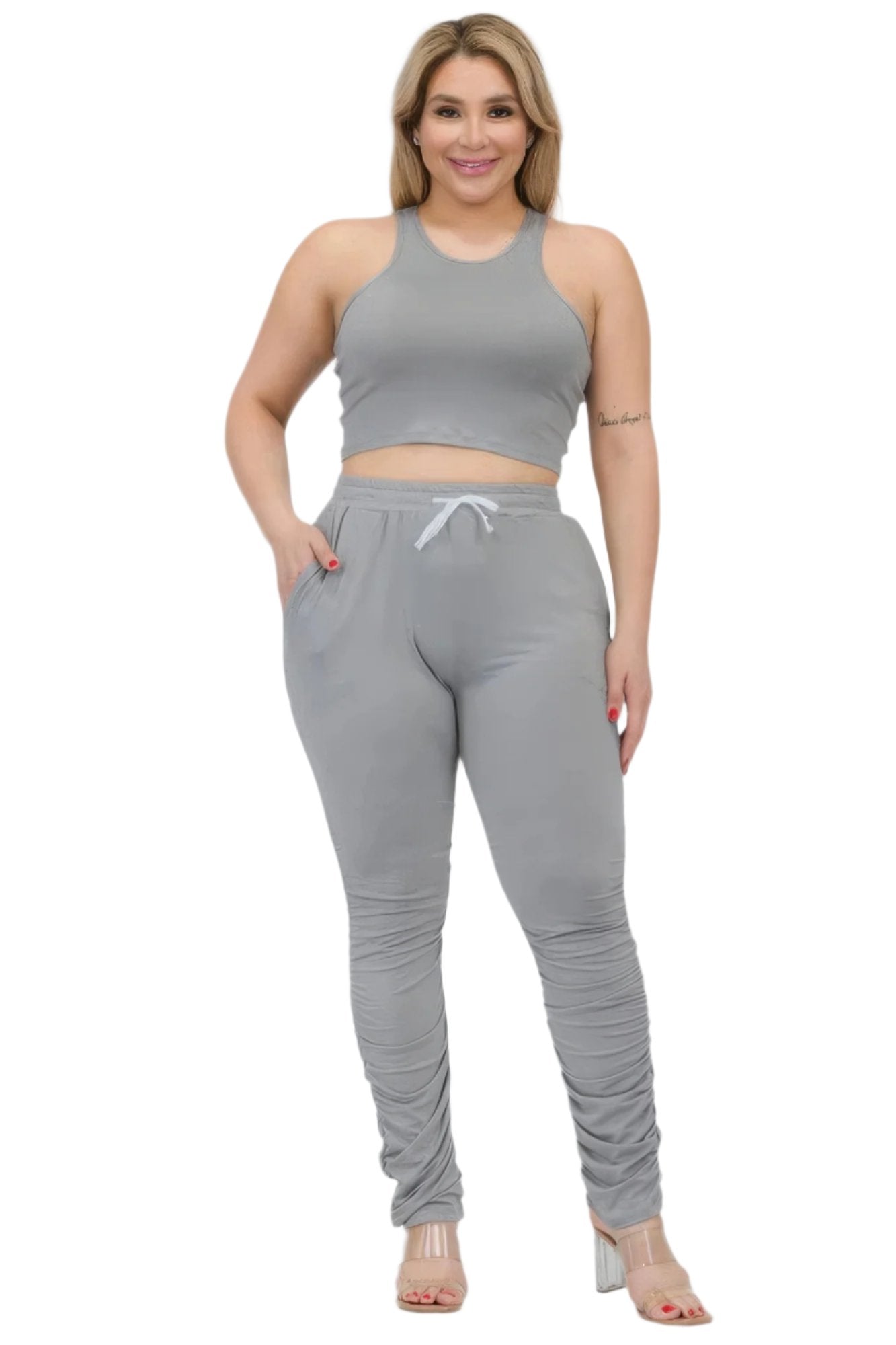 Plus Size Crop Tank Top & Ruched Pants Set - Nova Store