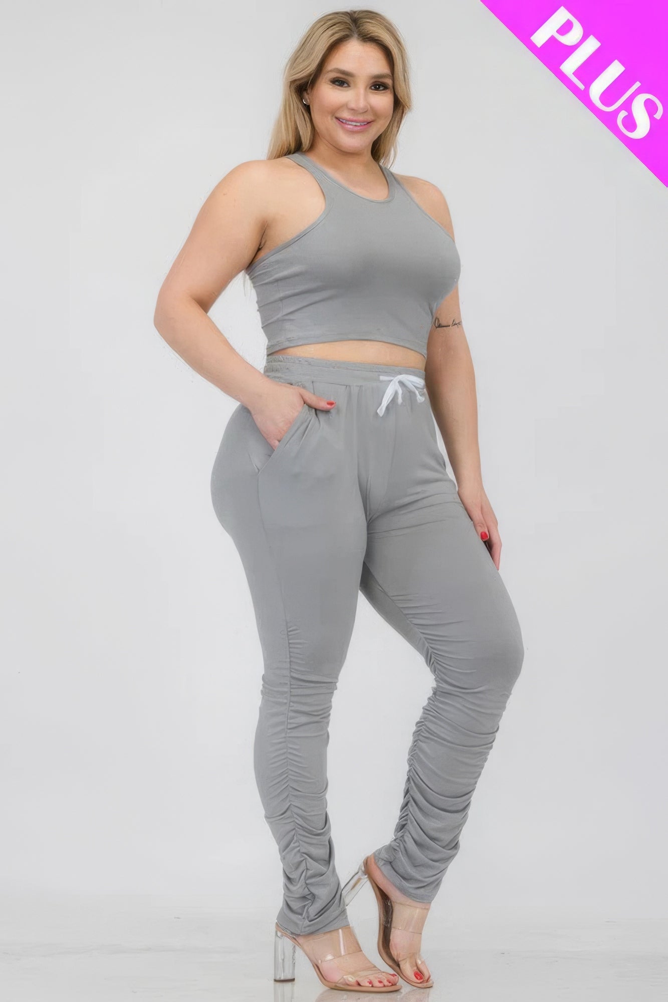 Plus Size Crop Tank Top & Ruched Pants Set - Nova Store