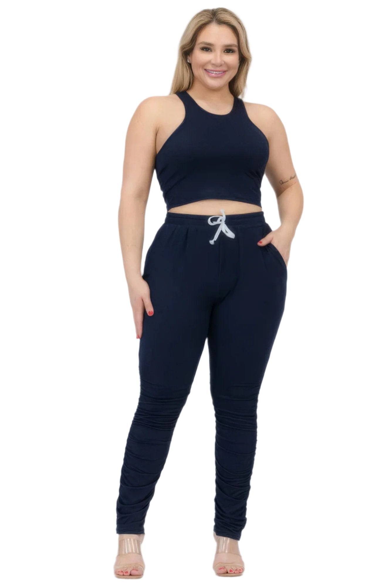 Plus Size Crop Tank Top & Ruched Pants Set - Nova Store