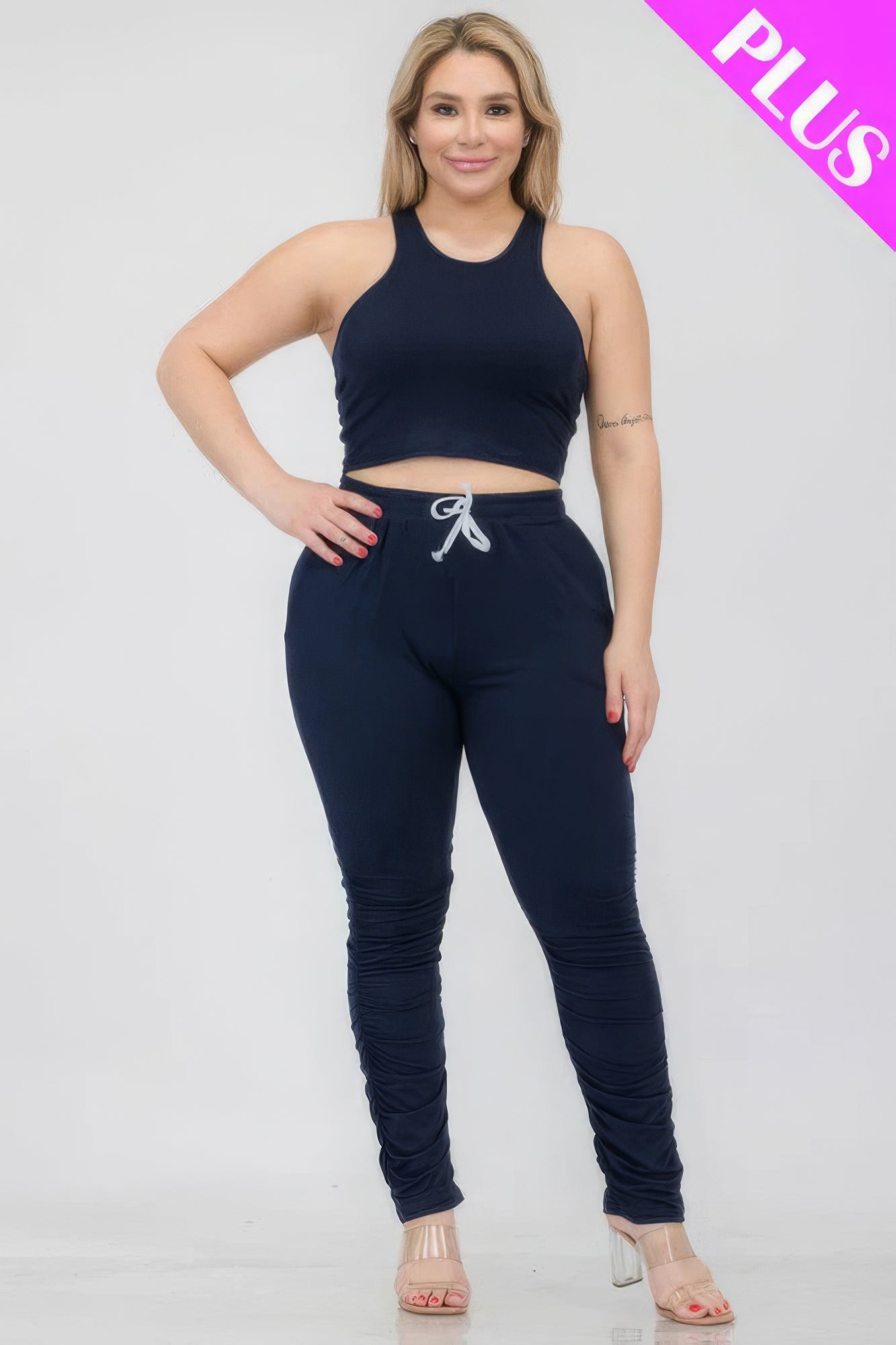 Plus Size Crop Tank Top & Ruched Pants Set - Nova Store