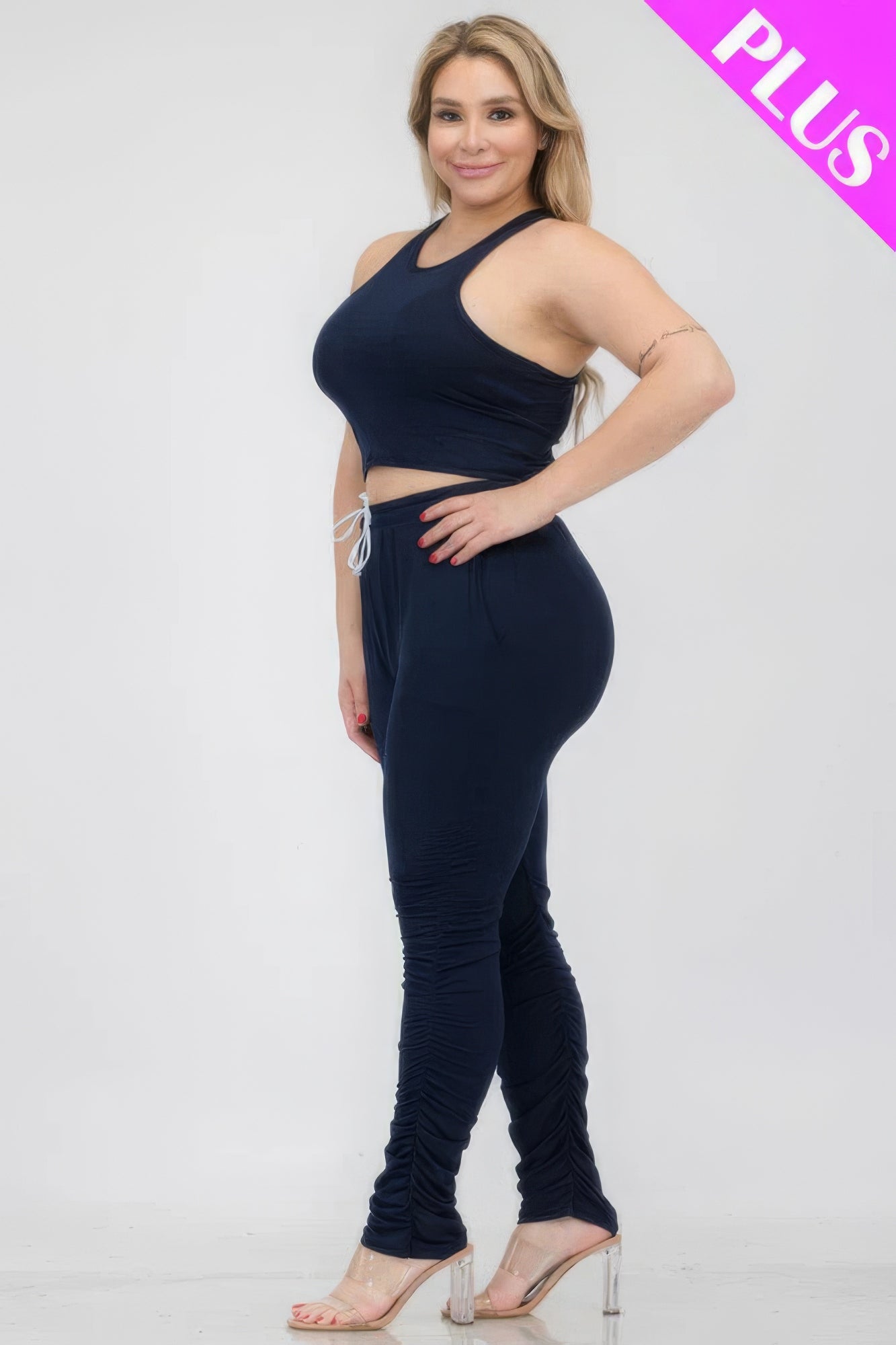 Plus Size Crop Tank Top & Ruched Pants Set - Nova Store