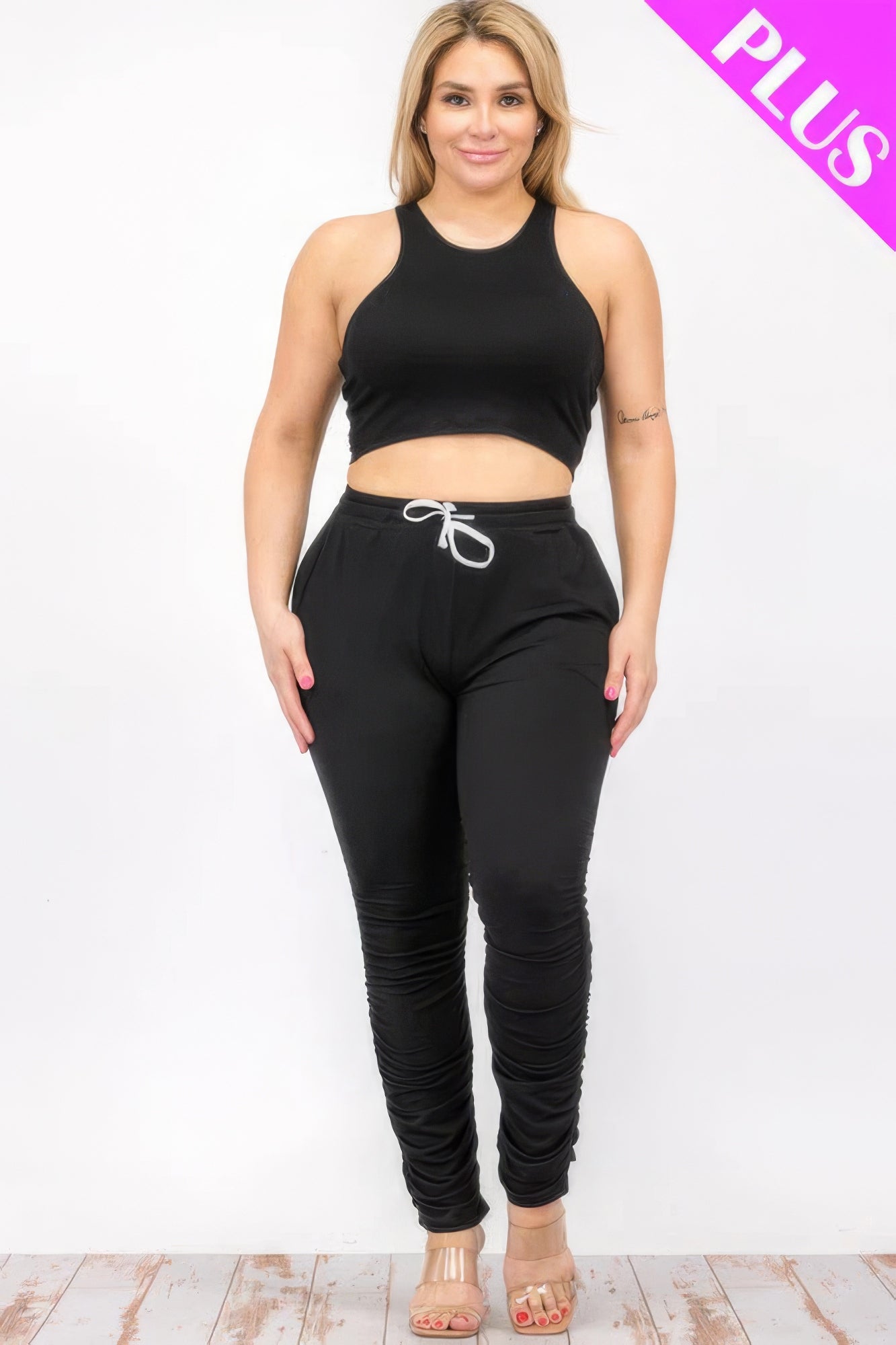 Plus Size Crop Tank Top & Ruched Pants Set - Nova Store