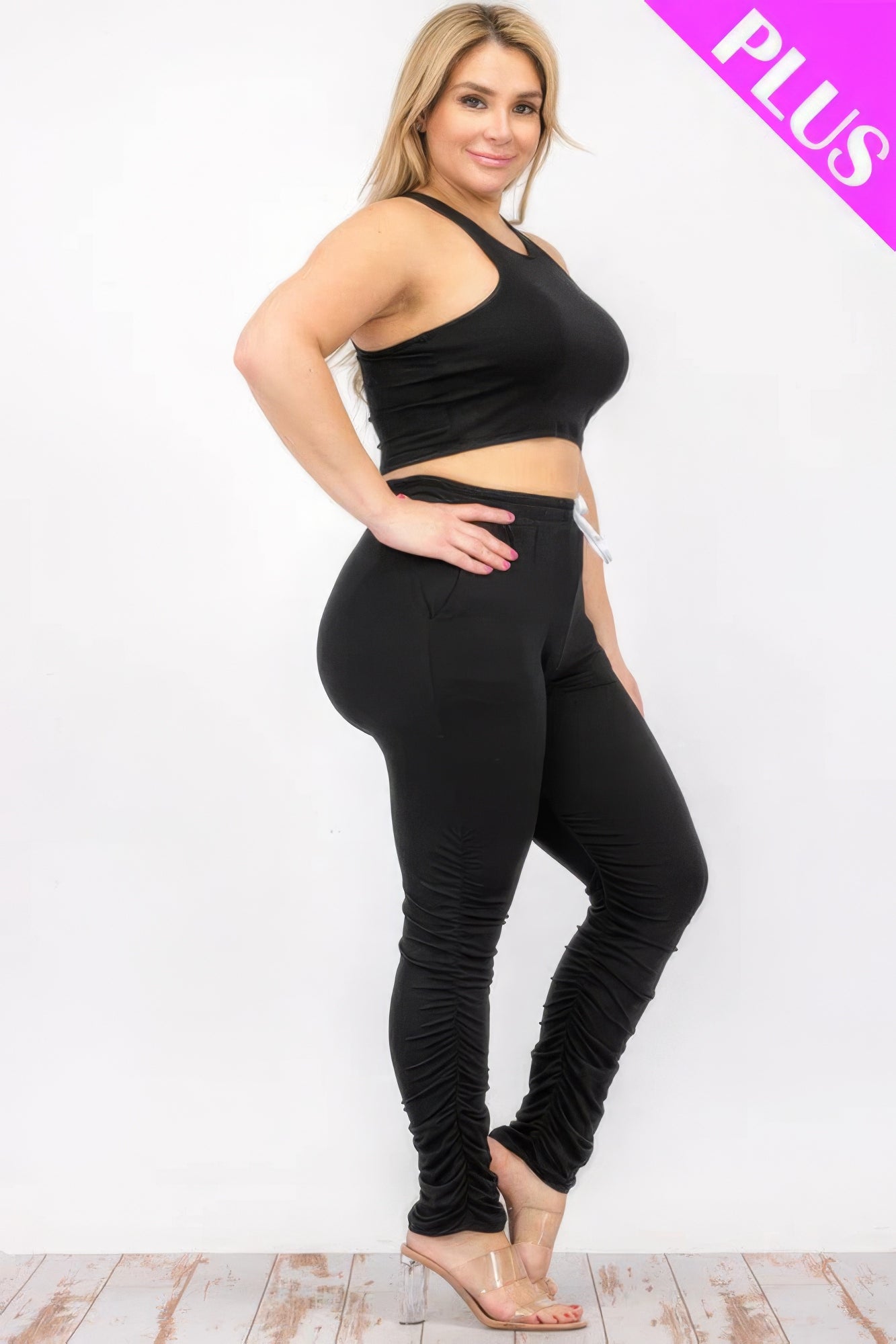 Plus Size Crop Tank Top & Ruched Pants Set - Nova Store