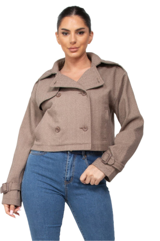 Notch Buckled Sleeve Crop Trench Coat