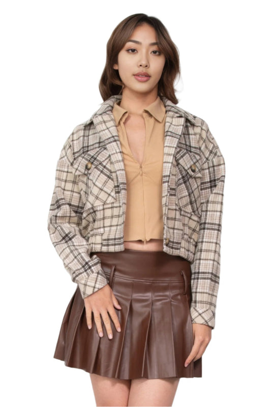 Plaid Button-down Crop Jacket