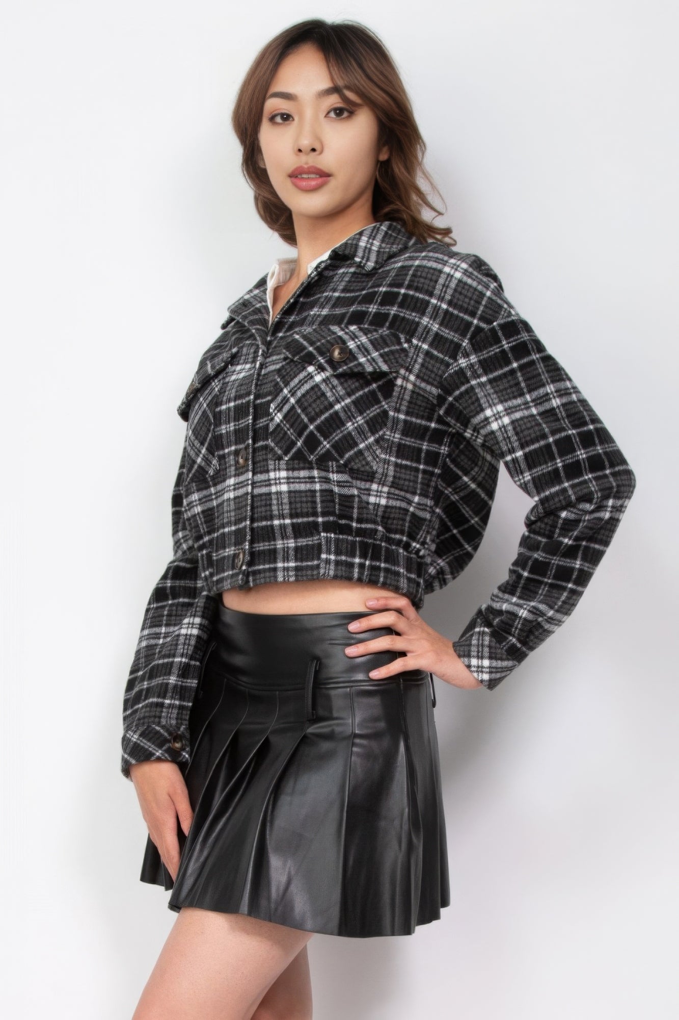 Plaid Button-down Crop Jacket - Nova Store