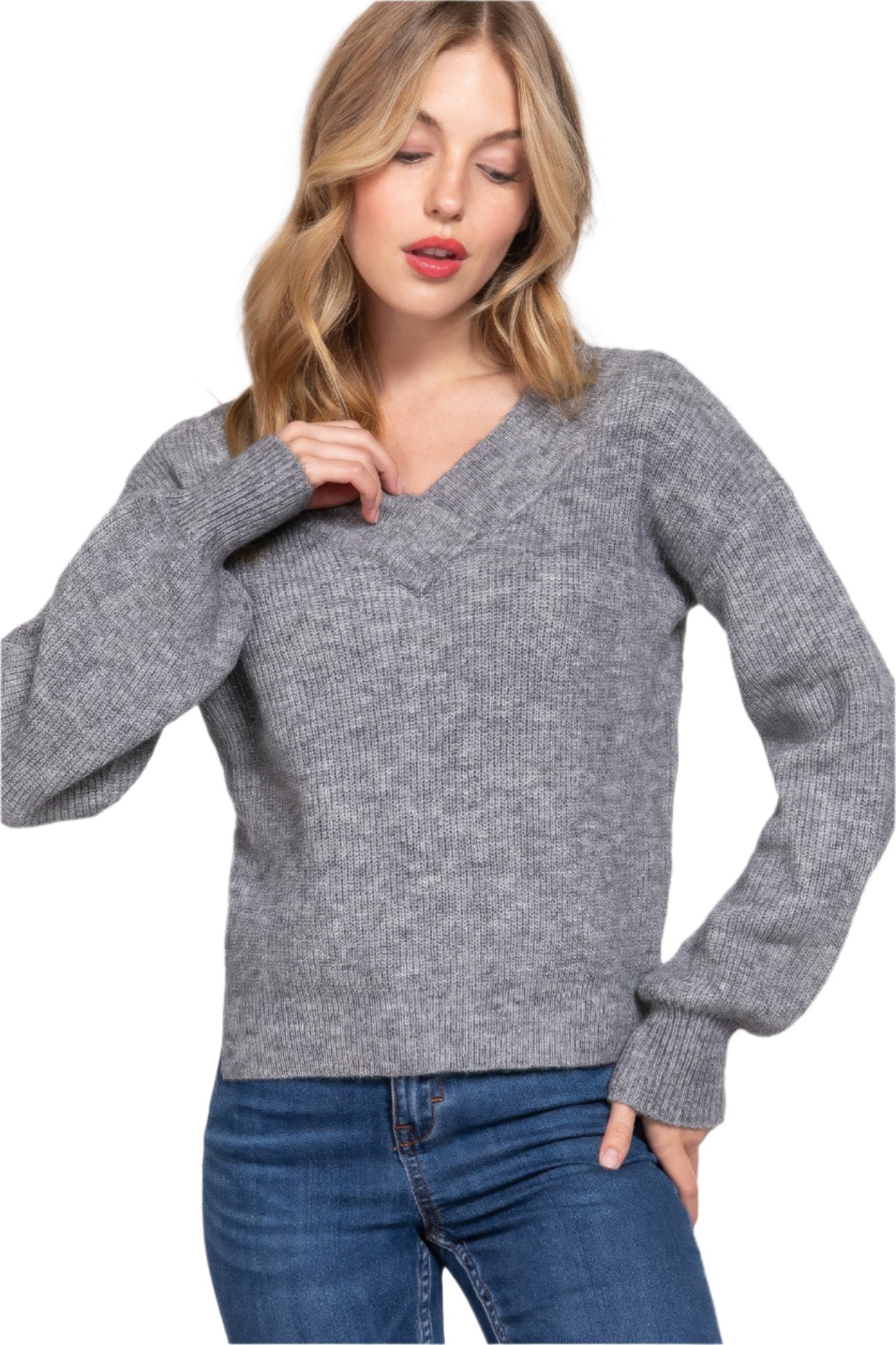 Grey V-Neck Sweater | Long V-Neck Sweater | Nova Store