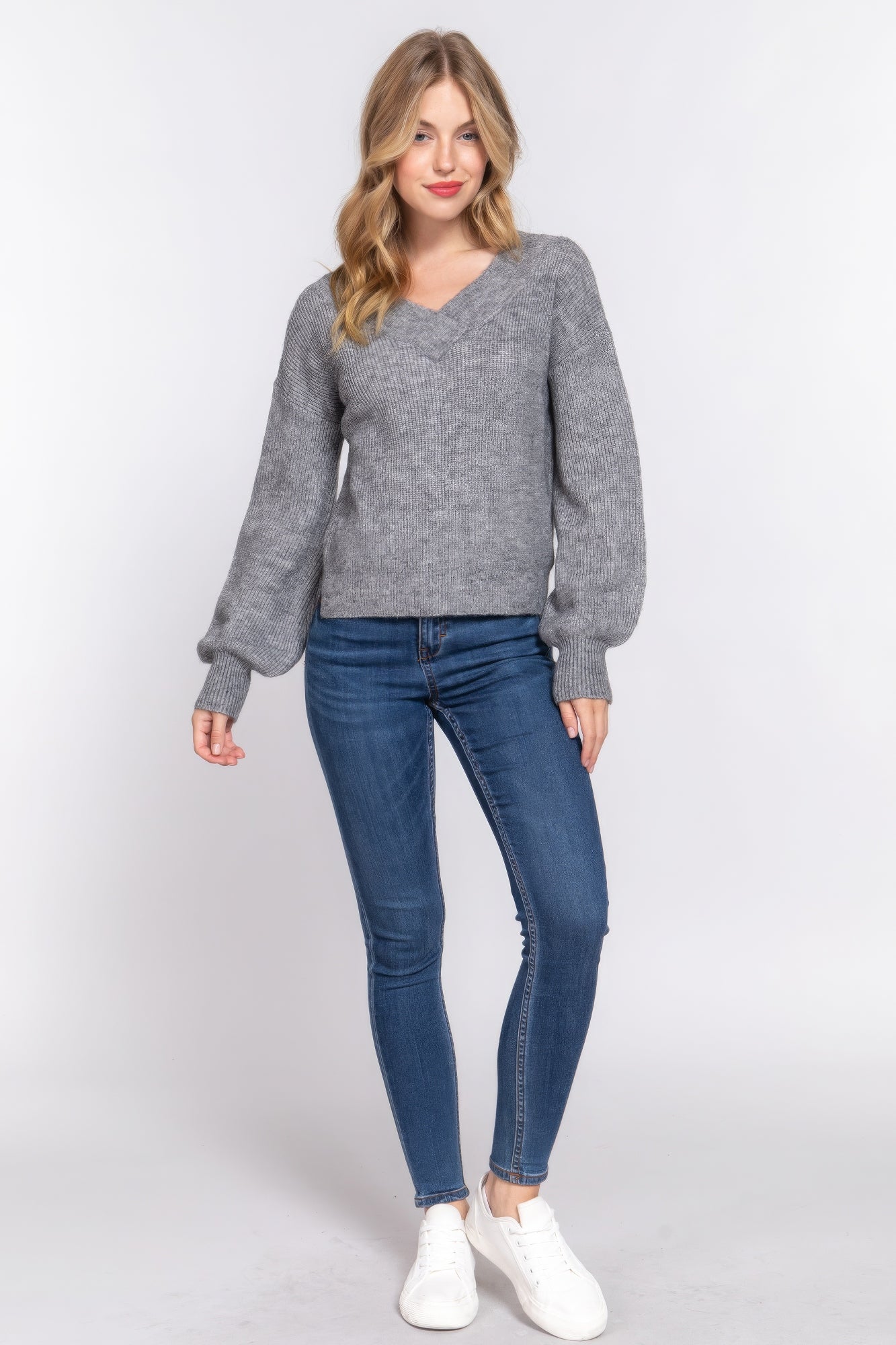 Grey V-Neck Sweater | Long V-Neck Sweater | Nova Store