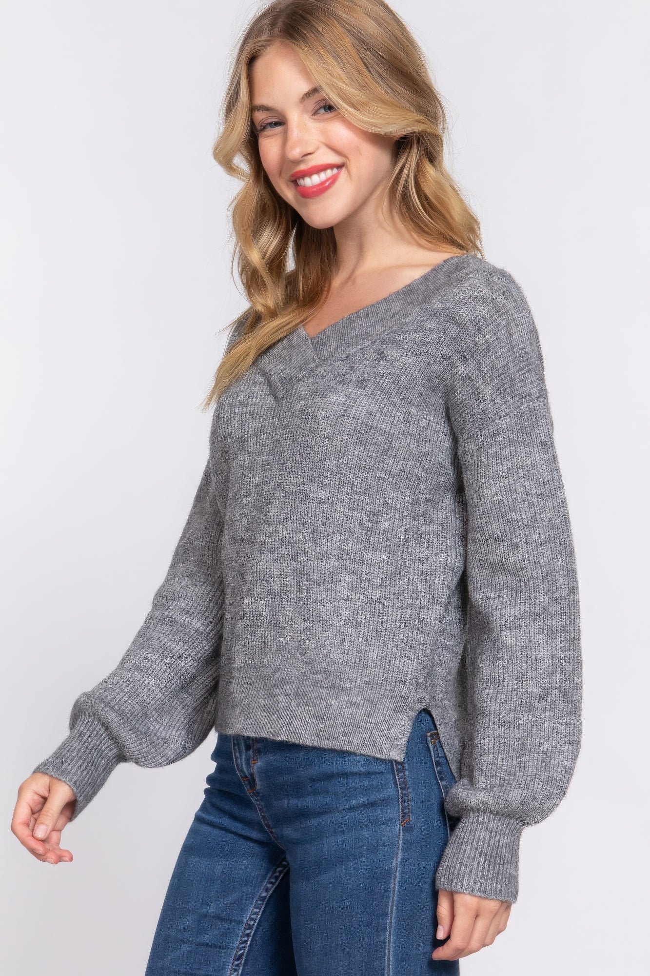 Grey V-Neck Sweater | Long V-Neck Sweater | Nova Store