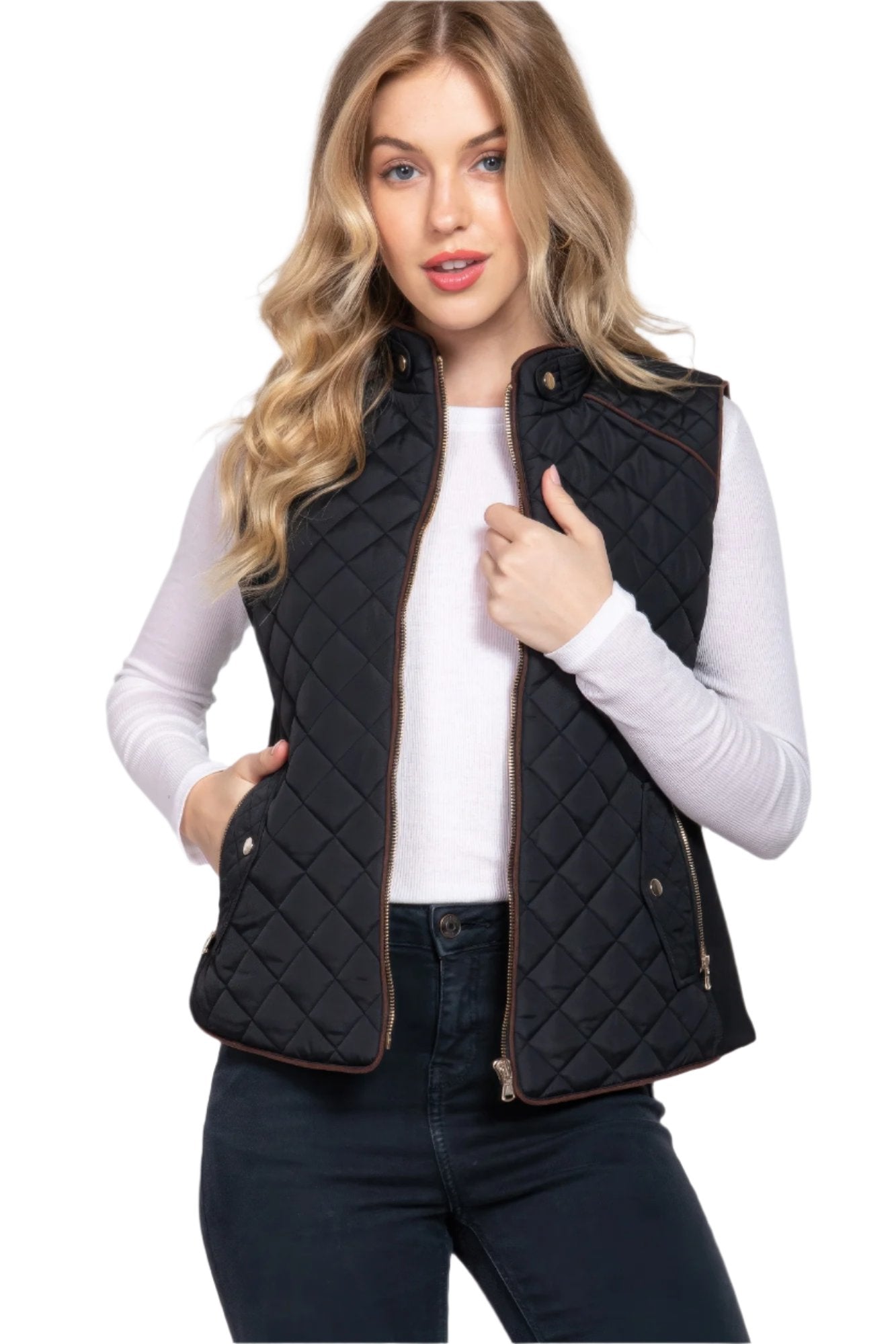 Suede Piping Quilted Padding Vest