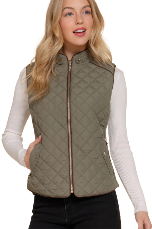 Suede Piping Quilted Padding Vest