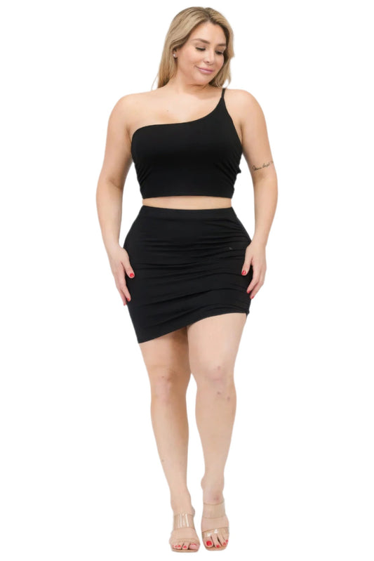 Plus Size One Shoulder Ruched Crop Top & Mini Skirt Set - Nova Store