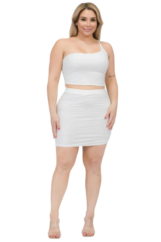 Plus Size One Shoulder Ruched Crop Top & Mini Skirt Set - Nova Store