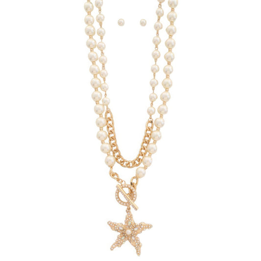 Star pendant pearl bead toggle clasp layered necklace - Nova Store