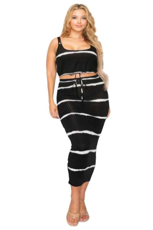 Plus sleeveless tie dye stripe 2 piece skirt set