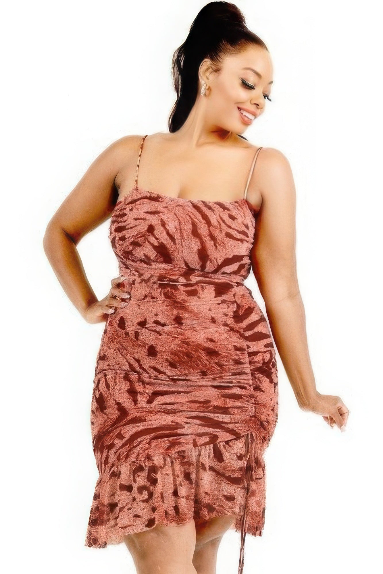 Plus wild animal print cami strap ruffle hem dress - Nova Store