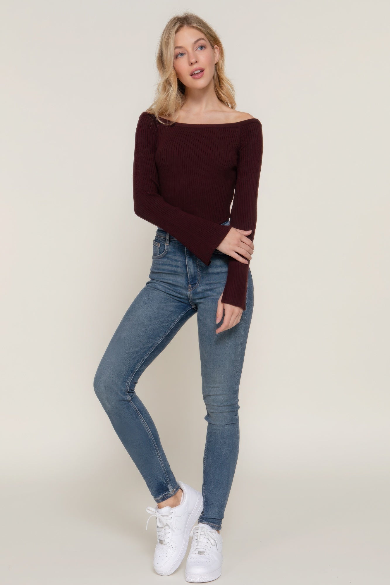 Long flare slv off shoulder sweater - Nova Store