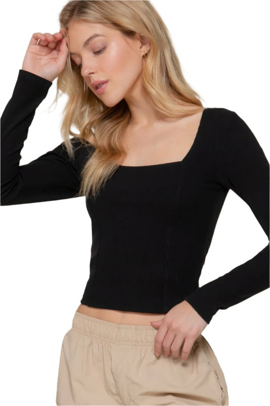 Long slv sweetheart neck seam detail knit top - Nova Store