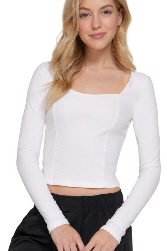 Long slv sweetheart neck seam detail knit top