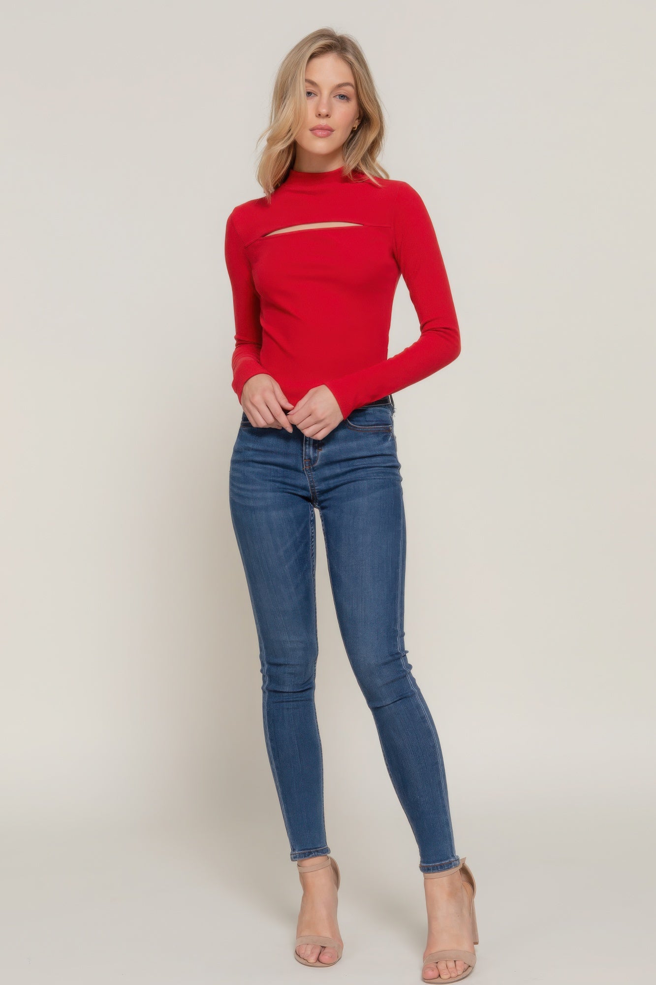 Long slv mock neck kyehole rib knit top - Nova Store