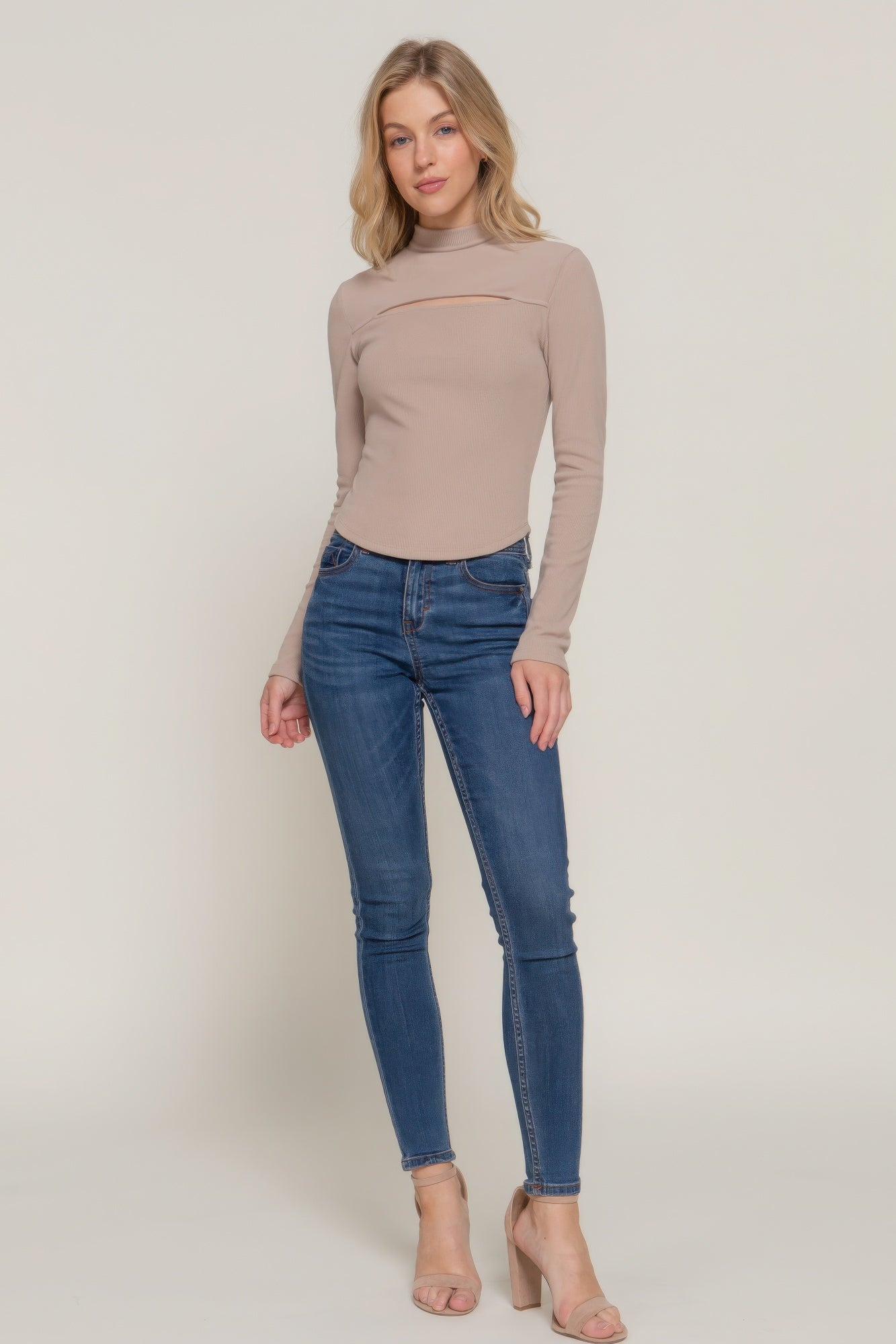 Long slv mock neck kyehole rib knit top - Nova Store