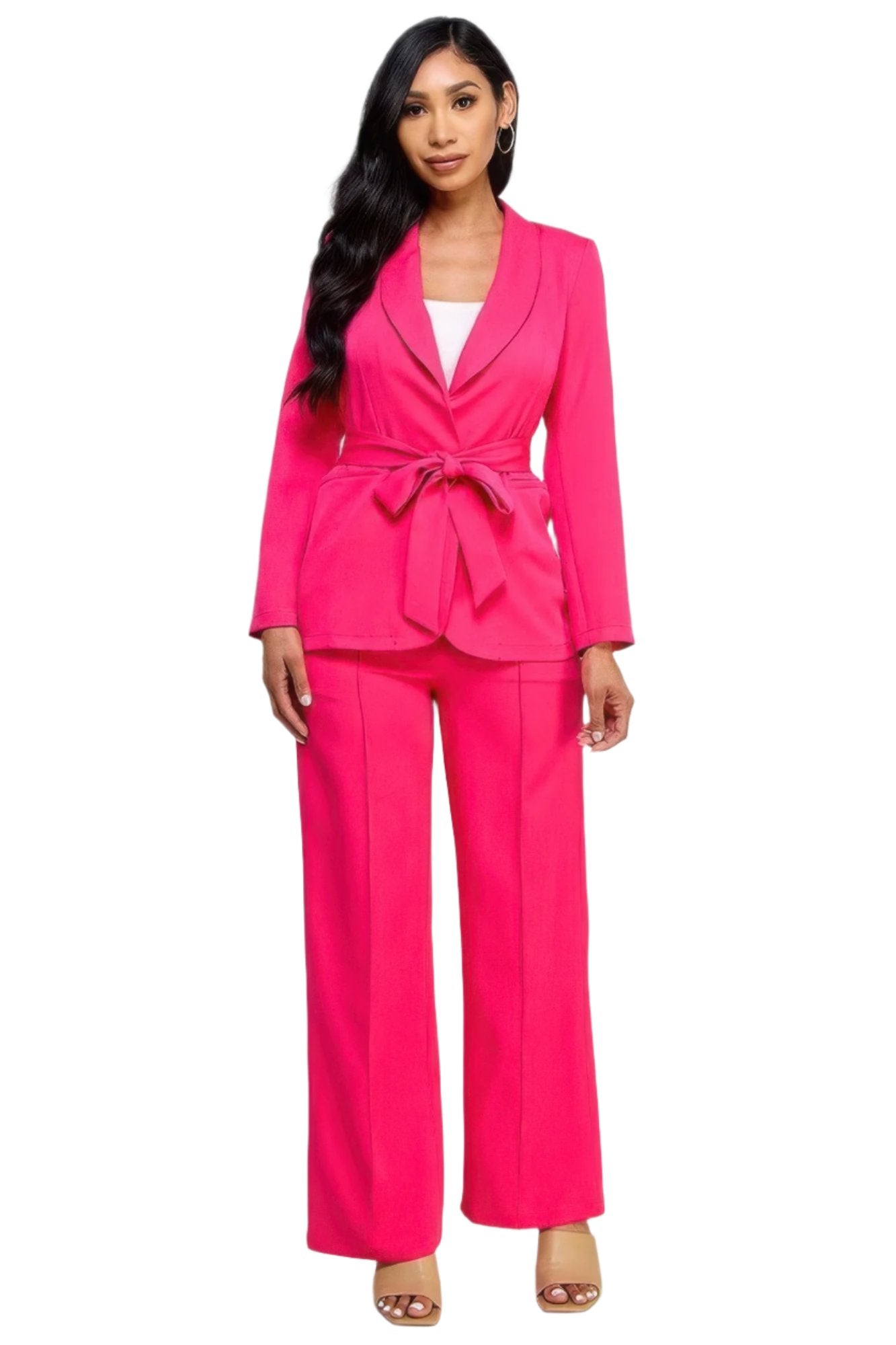Waist Tie Blazer With Wide Leg Pants Set - Nova Store