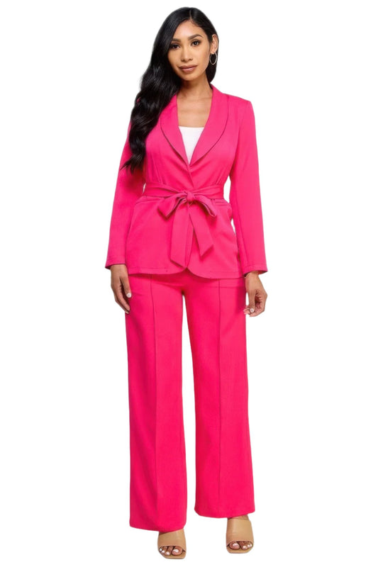 Waist Tie Blazer With Wide Leg Pants Set - Nova Store