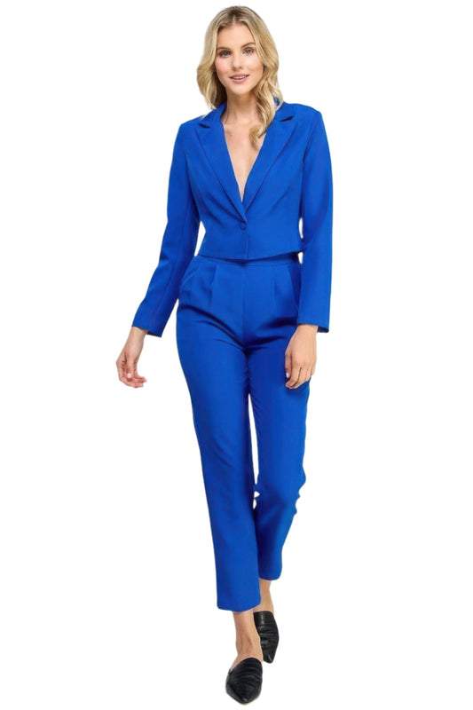 Single Button Crop Blazer With Tailored Pants Set - Nova Store
