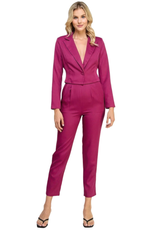 Single Button Crop Blazer With Tailored Pants Set