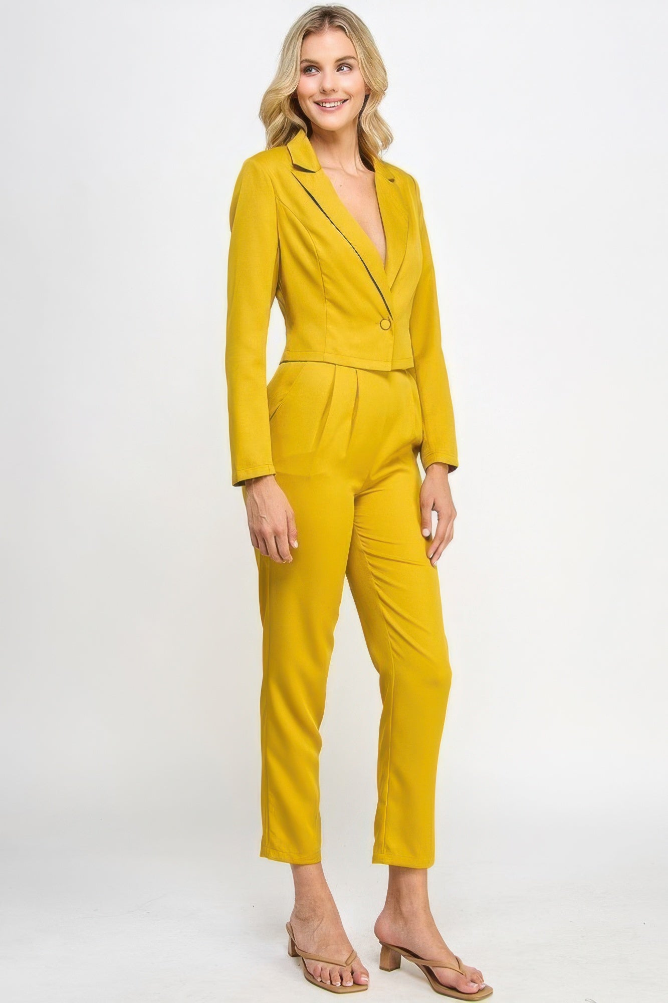 Single Button Crop Blazer With Tailored Pants Set - Nova Store