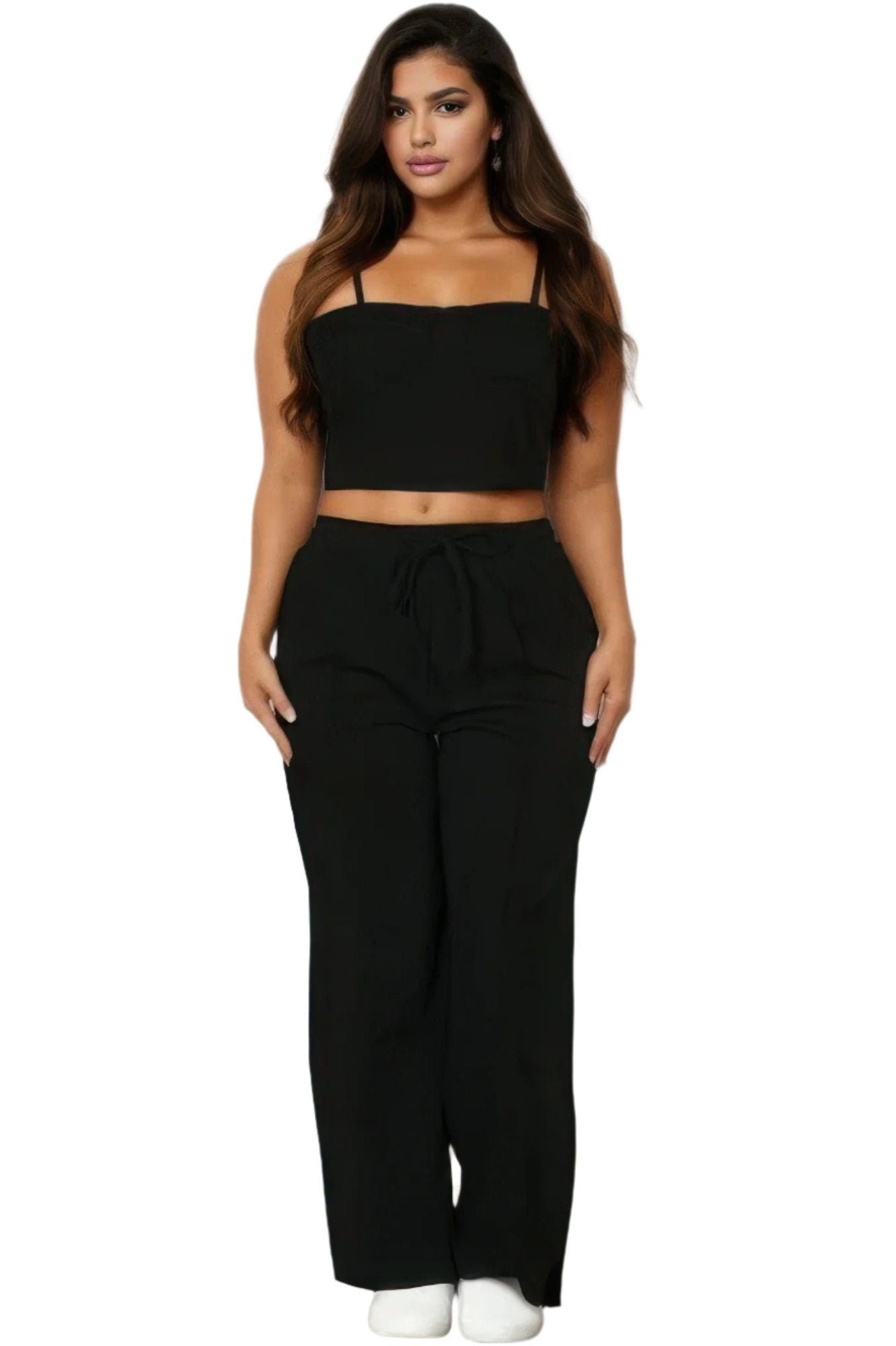 Plus Bustier Crop Cami Top & Slant Pocket Straight Pants