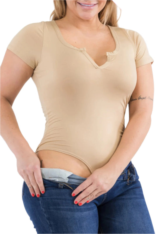 Plus Size Casual Split Neck Solid Short Sleeve Bodysuit - Nova Store