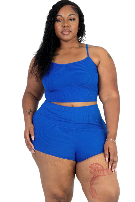 Plus Size Ribbed Cami Crop Top & Ruched Shorts Set - Nova Store