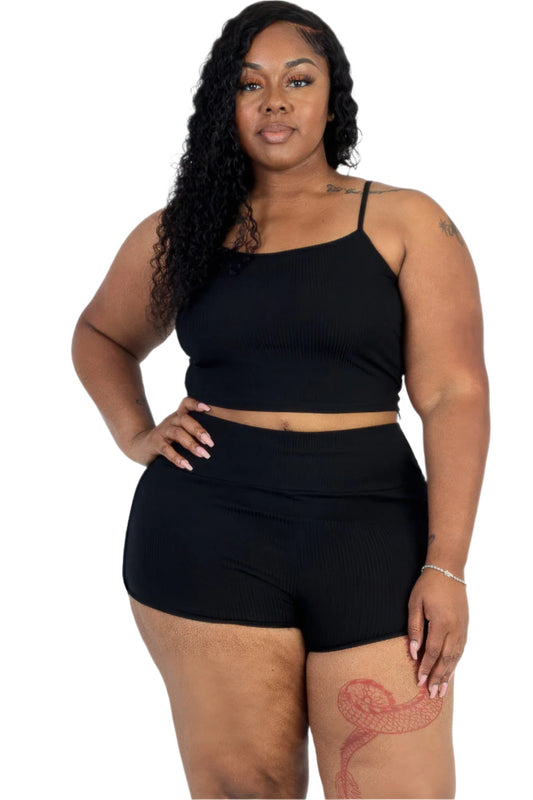 Plus Size Ribbed Cami Crop Top & Ruched Shorts Set - Nova Store