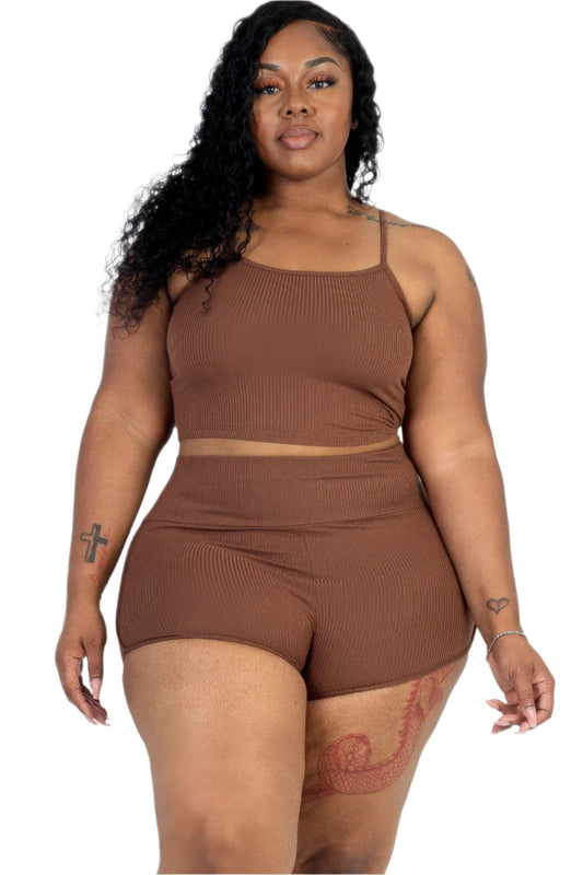 Plus Size Ribbed Cami Crop Top & Ruched Shorts Set