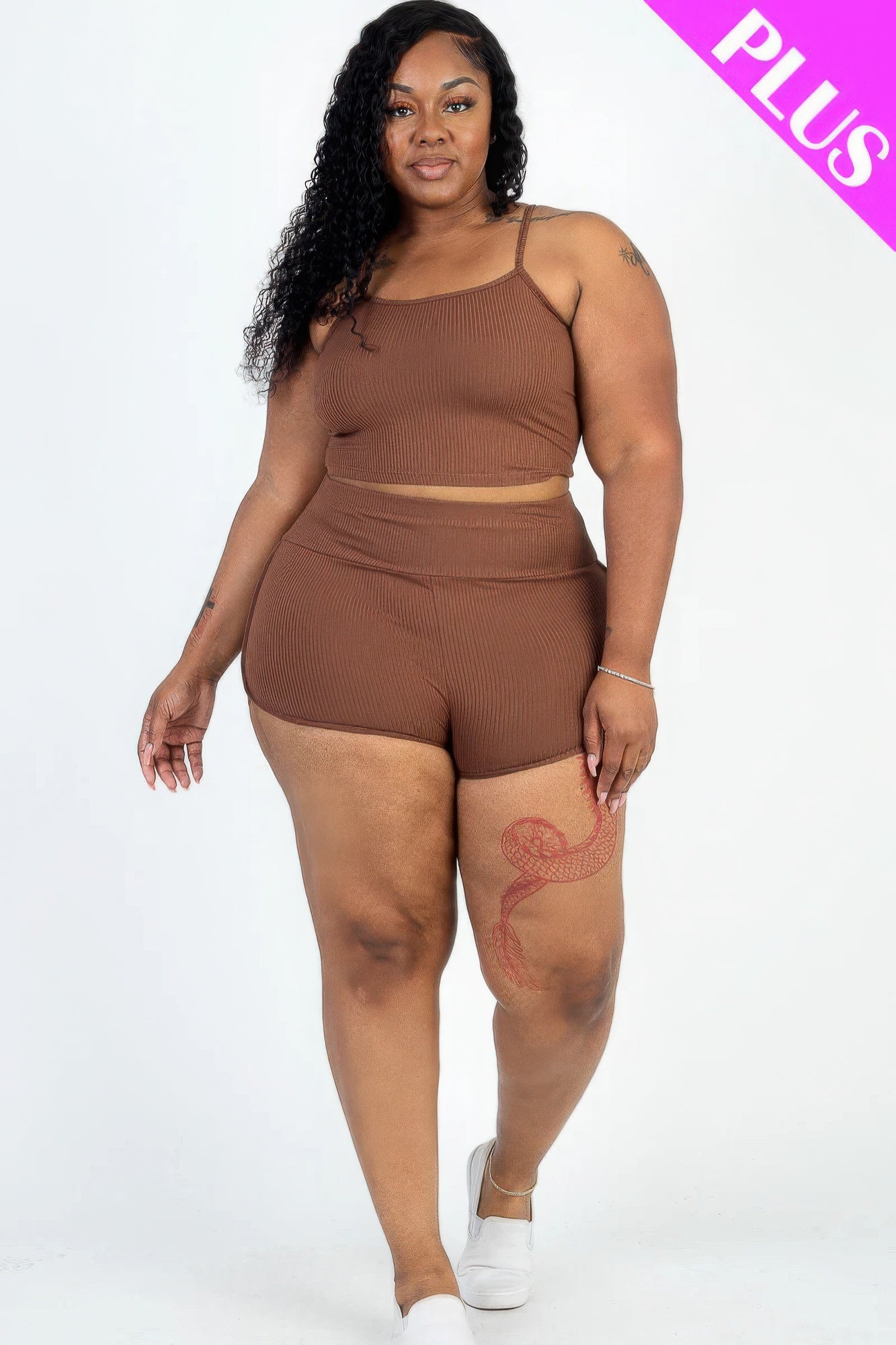 Plus Size Ribbed Cami Crop Top & Ruched Shorts Set - Nova Store