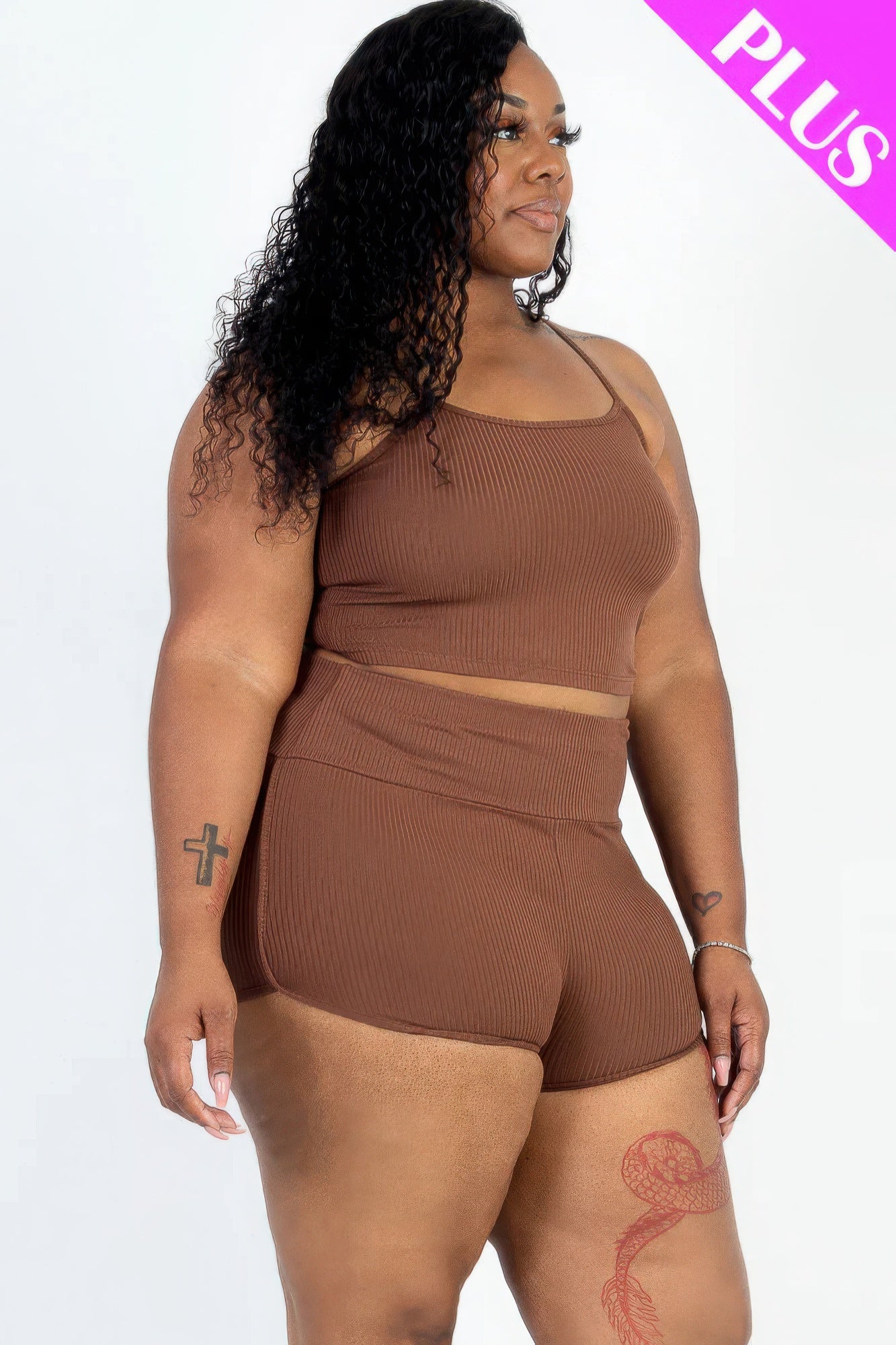 Plus Size Ribbed Cami Crop Top & Ruched Shorts Set - Nova Store