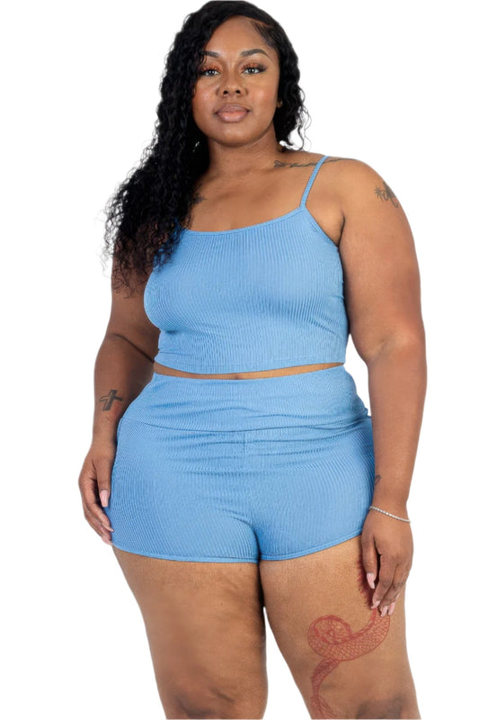 Plus Size Ribbed Cami Crop Top & Ruched Shorts Set - Nova Store
