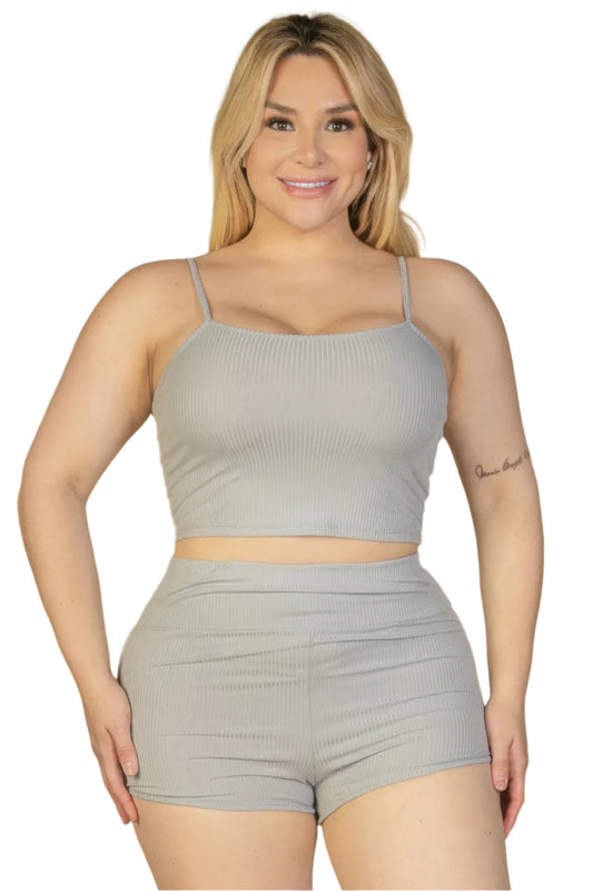 Plus Size Ribbed Cami Crop Top & Ruched Shorts Set - Nova Store