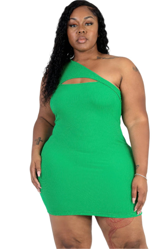 Plus Size Ribbed One Shoulder Cutout Front Casual Mini Bodycon Dress