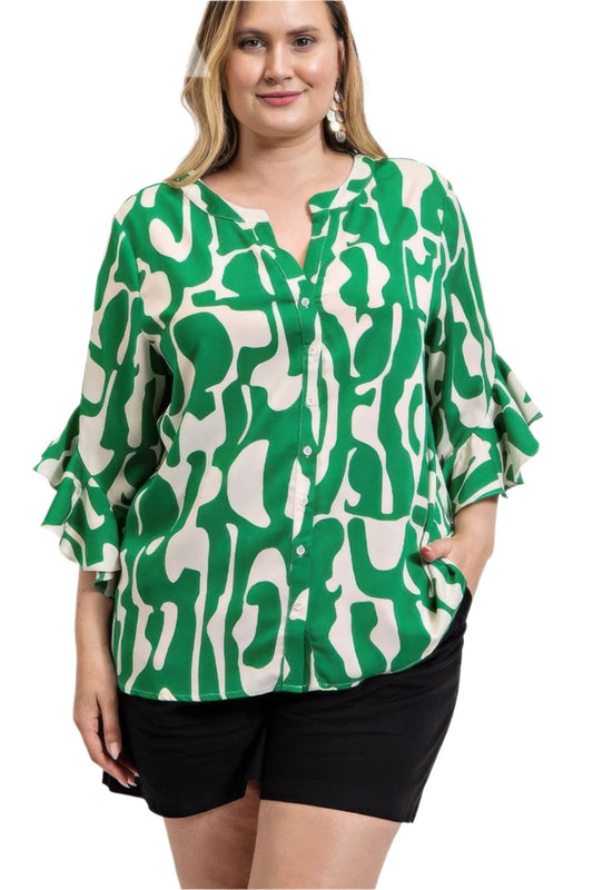 Geometric print ruffled bell sleeve woven top