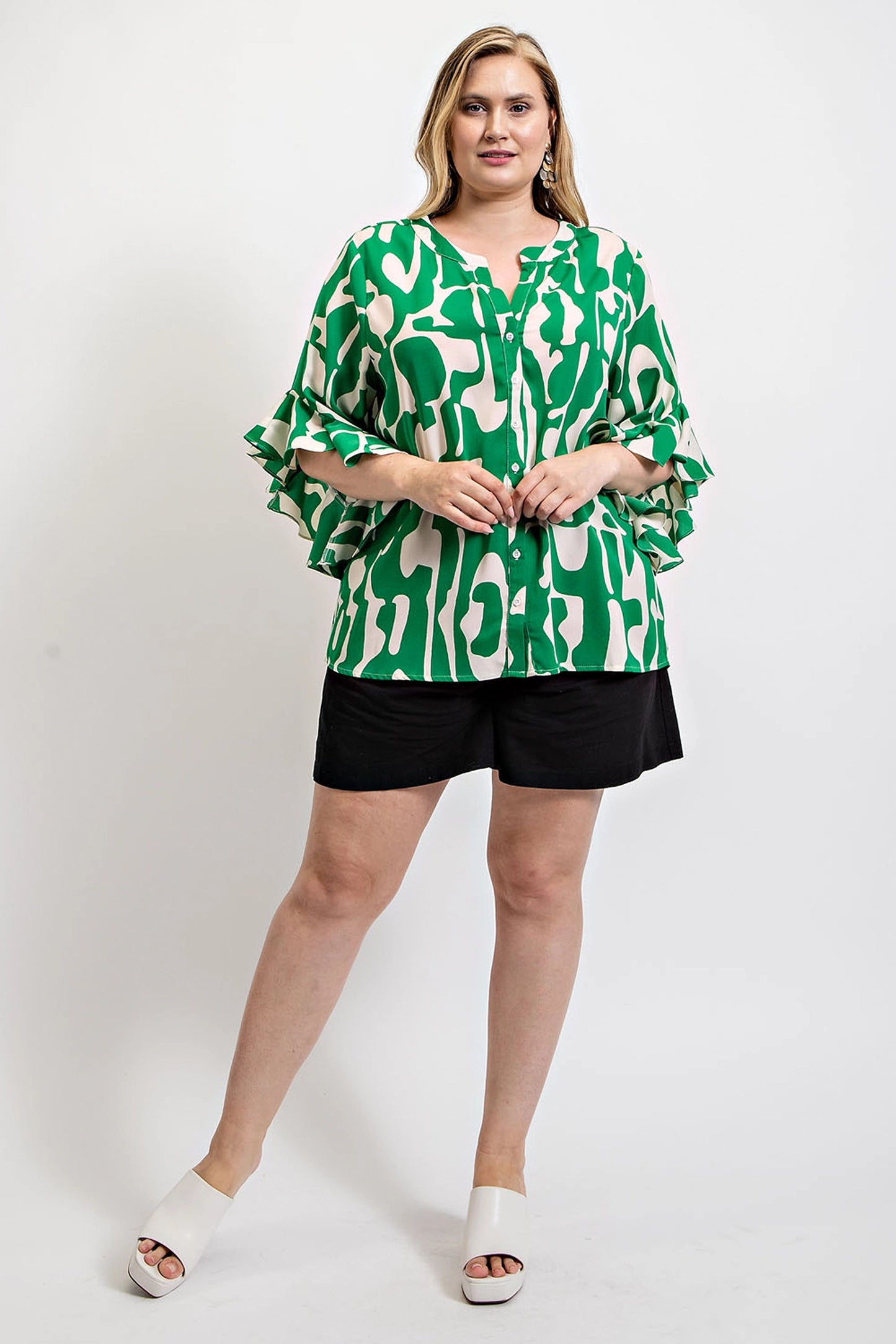 Geometric print ruffled bell sleeve woven top - Nova Store