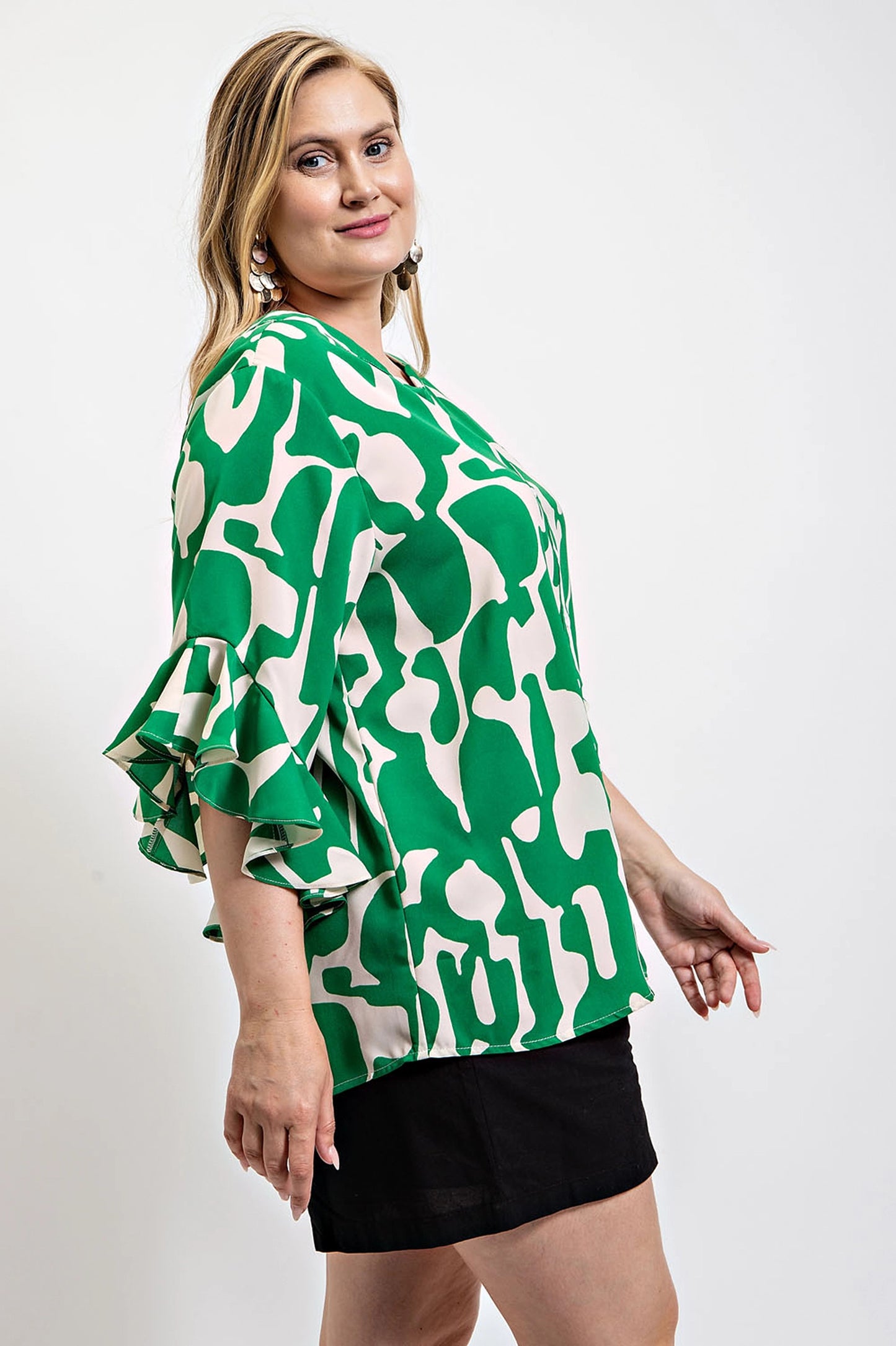 Geometric print ruffled bell sleeve woven top - Nova Store