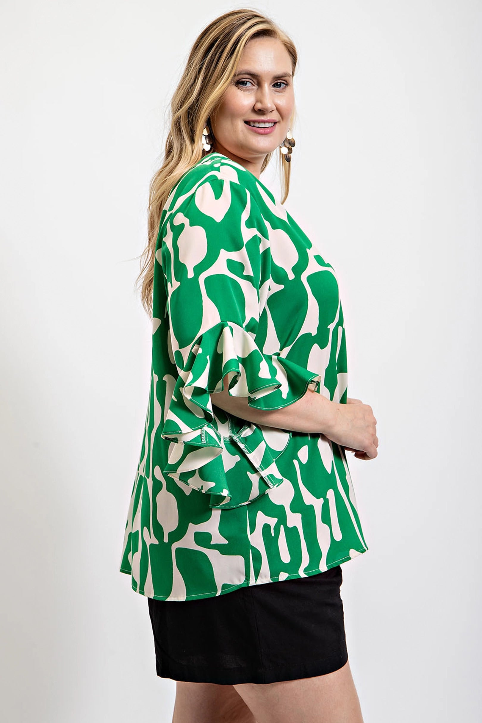 Geometric print ruffled bell sleeve woven top - Nova Store