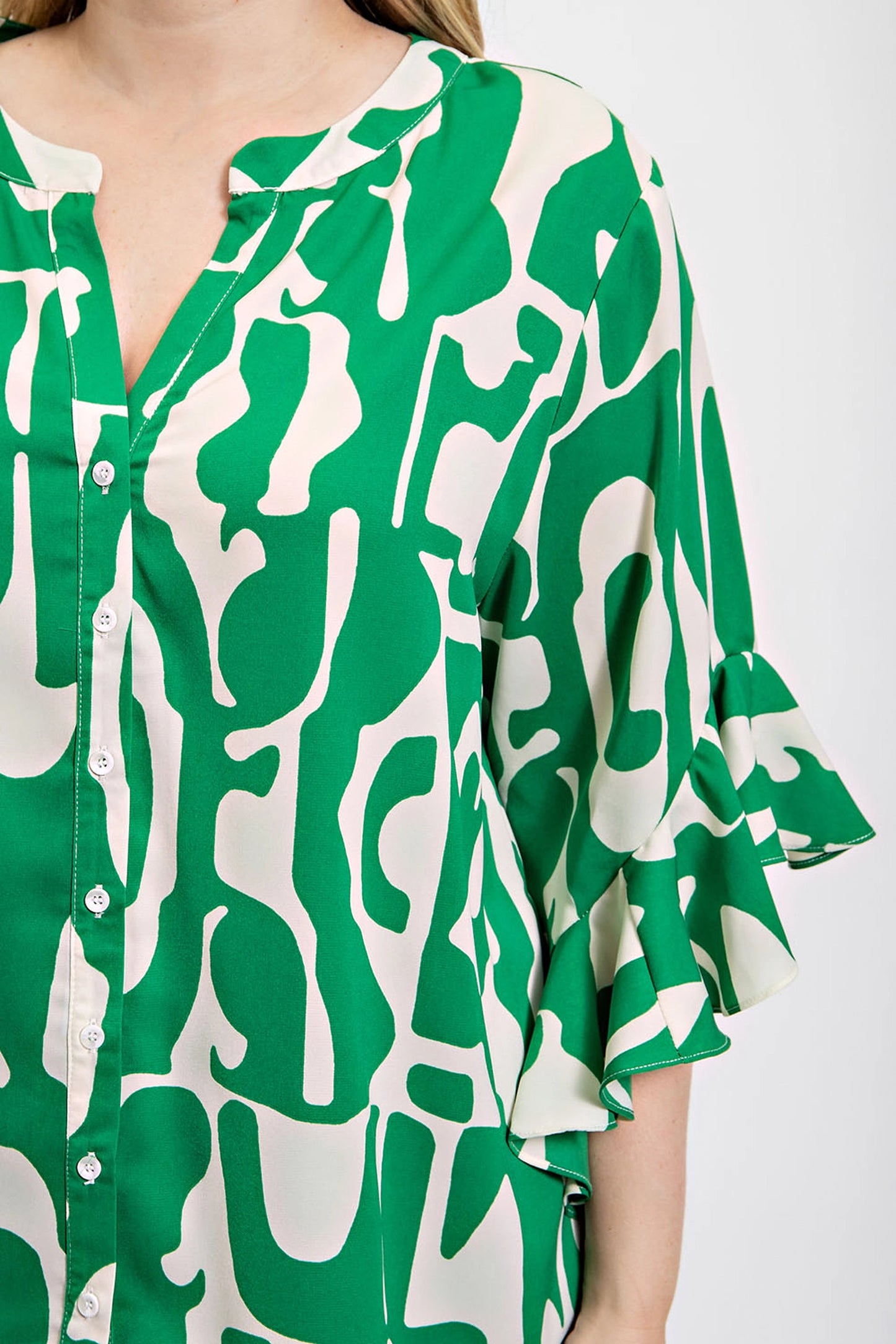 Geometric print ruffled bell sleeve woven top - Nova Store