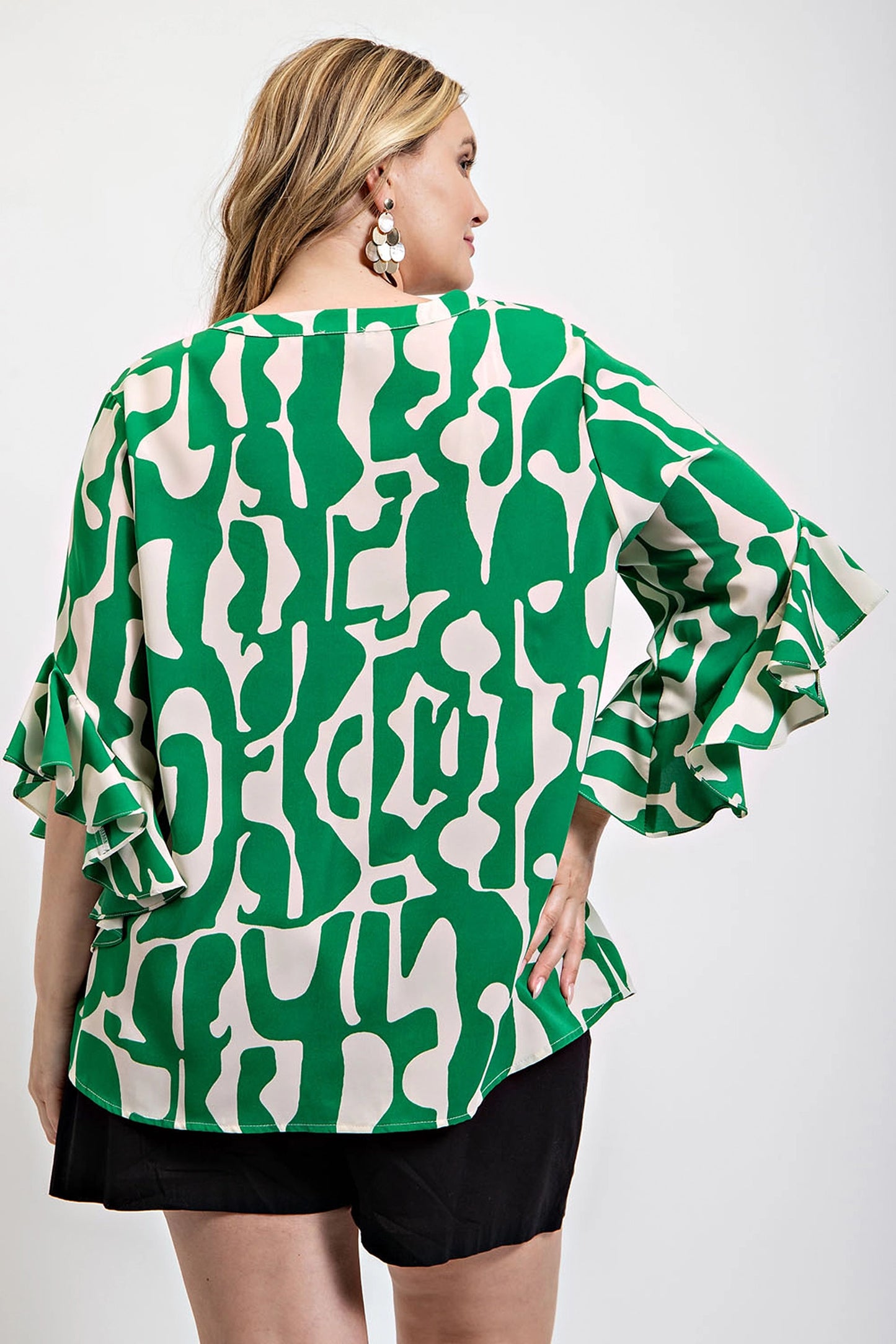 Geometric print ruffled bell sleeve woven top - Nova Store